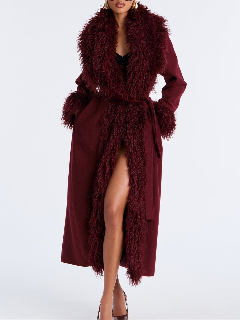 Long Faux-Fur Trim Robe Coat in Burgundy